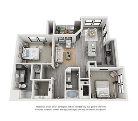 Floor plan for 2 beds, 2 baths, 1085 sqft